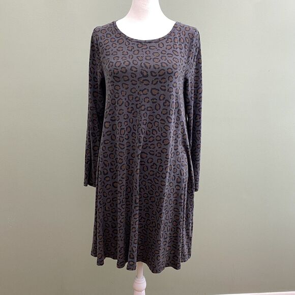 Boden Dress Womens 8L Brown Grey Leopard Print Long Sleeve Pockets A Line Midi - Picture 1 of 12